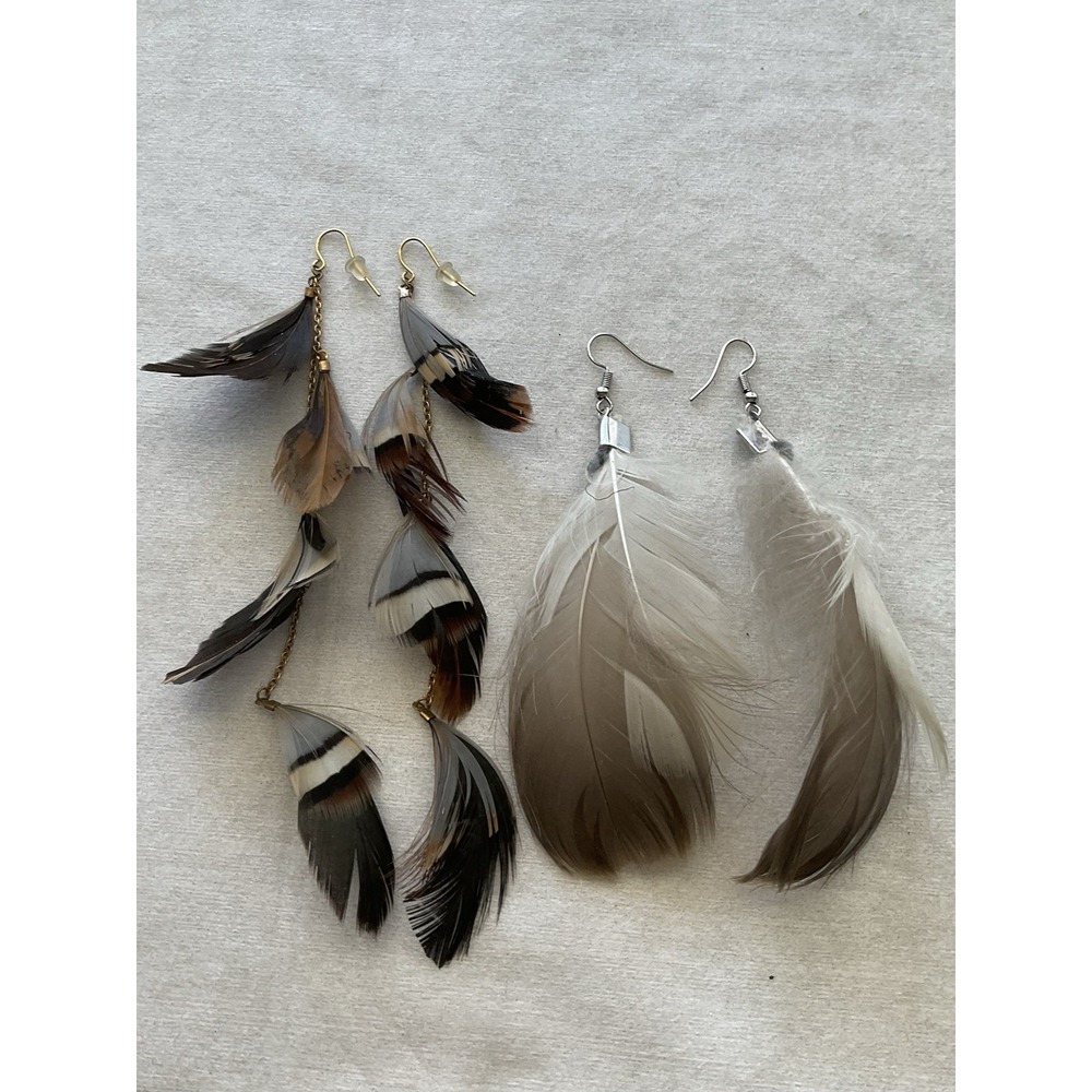 Lot Of 2 Pair Long Dangle Feather Earrings Estate Jewelry